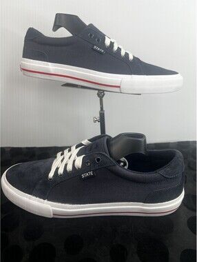 STATE Footwear Hudson Men’s 9.5 Navy Suede Discontinued Sneakers White Red
